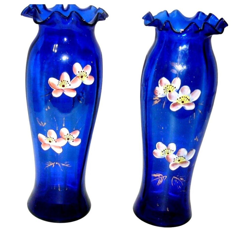 Rare Hand Made Hand-Painted Blue Glass Vases Floral Set Of 2 Ruffled Edge VTG